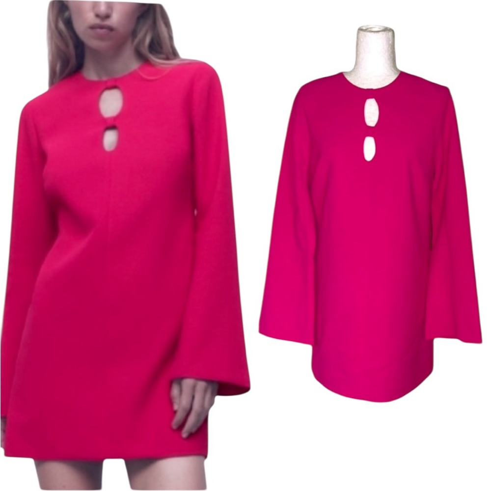 Zara Fuchsia Pink Cutout Long Bell Sleeve Shift Mini Dress - M
